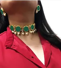 Paninaro Handmade Gold Plated Kundan Work Green Choker Necklace with Earrings Set for Women-thumb1