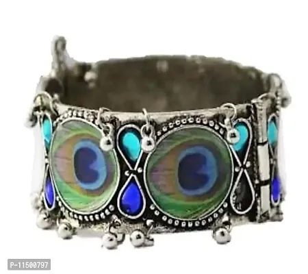 Paninaro Peacock Work Oxidized Silver Adjustable Bracelet for Women/Girls