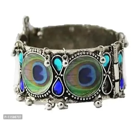 Paninaro Peacock Work Oxidized Silver Adjustable Bracelet for Women/Girls-thumb0