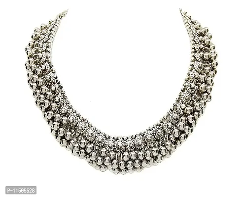 Paninaro Boho Designer Oxidized German Silver Choker Necklace Set for Girls & Women (Silver)-thumb0