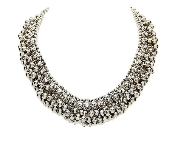 Paninaro Boho Designer Oxidized German Silver Choker Necklace Set for Girls & Women (Silver)
