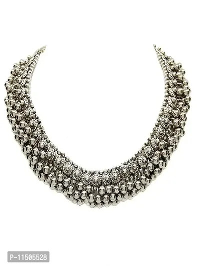 Paninaro Boho Designer Oxidized German Silver Choker Necklace Set for Girls & Women (Silver)-thumb5