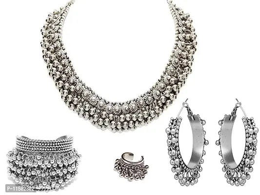 Total Fashion Traditional Oxidized Silver Combo Choker Necklace Set for Girls  Women Silver