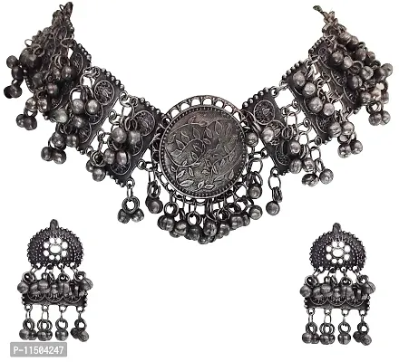 Total Fashion Afghani Oxidised Antique Jewellery Looklike Choker Necklace Set for Women  Girls-thumb0