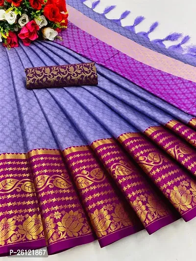 Beautiful Purple Cotton Silk Saree with Blouse Piece-thumb0