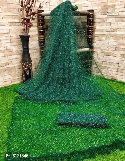 Beautiful Green Net Saree with Blouse Piece