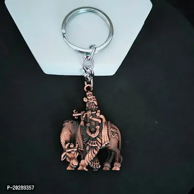 Shiv Cretion Religious Lord Krishna with Cow Idolnbsp;Brown Brass Metal Keychain For Men And Women-thumb0