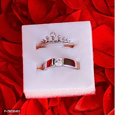 Shiv Creation  King Crown Queen Adjustable 925 Sterling Silver Plated Crystal Proposal Stainless Steel Ring Set For Men And Women-thumb0