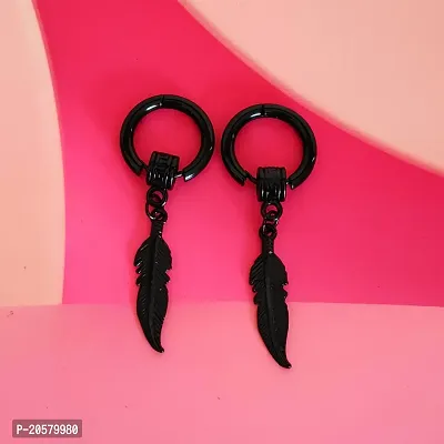 Shiv Creation Feather And Ring Long Chain Studs Hoop Earrings  Black  Metal   Earrings For Men And Women