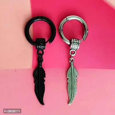 Shiv Creation Feather Ring Long Chain Hoop Earrings  Black, Silver  Metal   Earrings For Men And Women
