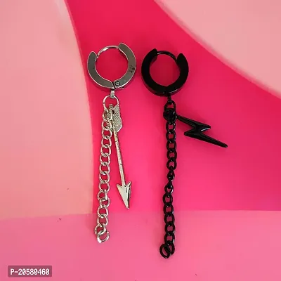 Shiv Creation Chrismas Gift Zikzak Chain With Arrow Hoop Chain Earrings  Black, Silver  Metal   Earrings For Men And Women-thumb0