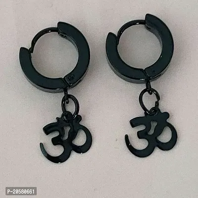 Shiv Creation Om Charm Drop Huggie Earring  Black  Stainless Steel   Earrings For Men And Women-thumb0