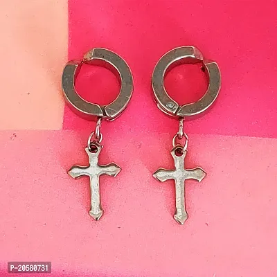 Shiv Creation Jesus Cross Charm Drop Huggie Earring  Silver  Stainless Steel   Earrings For Men And Women-thumb0