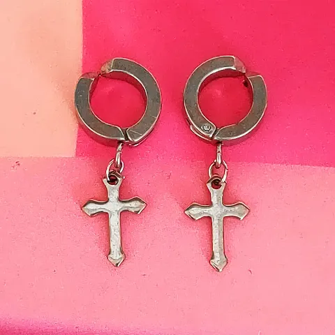 Shiv Creation Jesus Cross Charm Drop Huggie Earring Stainless Earrings For Men And Women