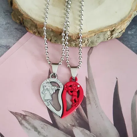 Shiv Creation Valentine Day GiftValentine Day Gift Love You Broken Heart Couple Dual Locket With 2 Chain His And Her Gift for Lovers Metal Stainless Pendant Necklace Chain