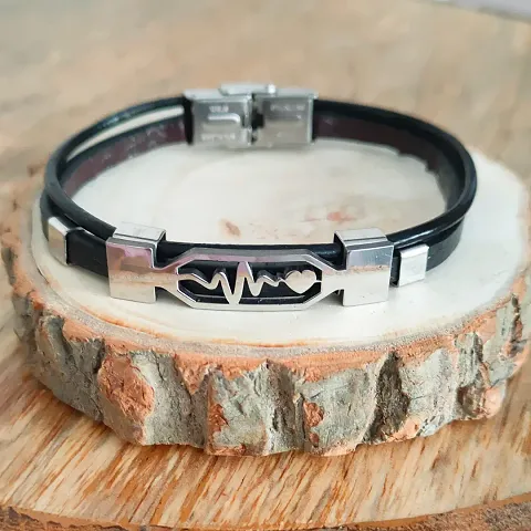 Shiv Creation Men Wristband Charm Bracelet Leather Heart Life Line Beat Stainless Foldover Clasp Bracelet