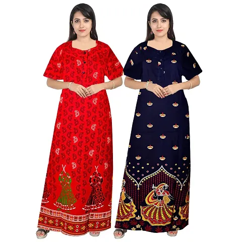 KHUSHI PRINT Jaipuri Cotton Printed Maternity Front Zipper Full Length Maxi Nighty Gown (Pack of 2)