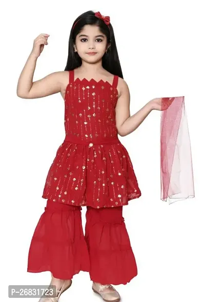 Alluring Red Rayon Embellished Stitched Salwar Suit Set For Girls