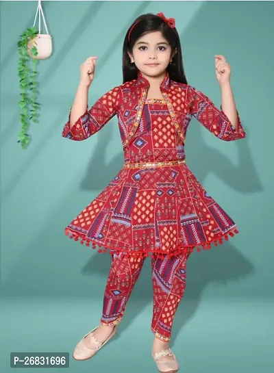 Alluring Red Rayon Printed Stitched Salwar Suit Set For Girls-thumb0