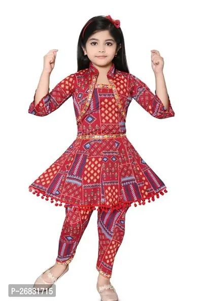Alluring Red Rayon Printed Stitched Salwar Suit Set For Girls