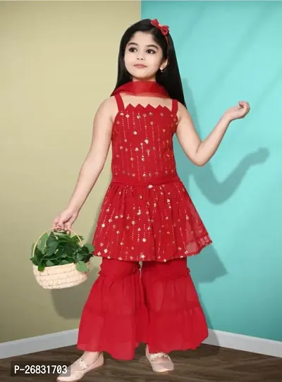 Alluring Red Rayon Embellished Stitched Salwar Suit Set For Girls