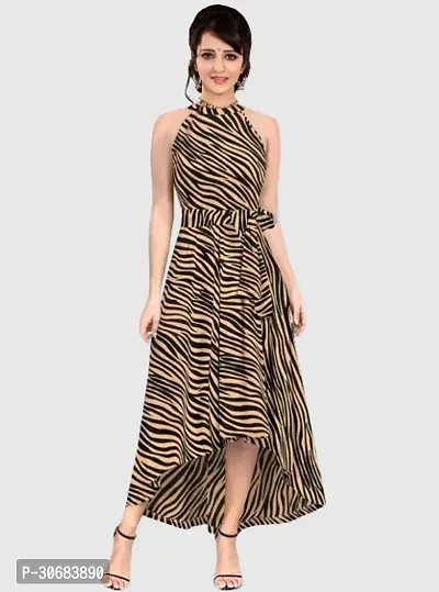 Stylish Brown Polyester Printed High-low Dress For Women