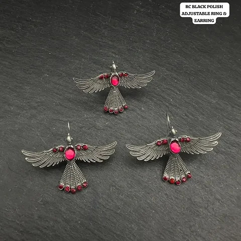 polish bird design adjustable ring earring set