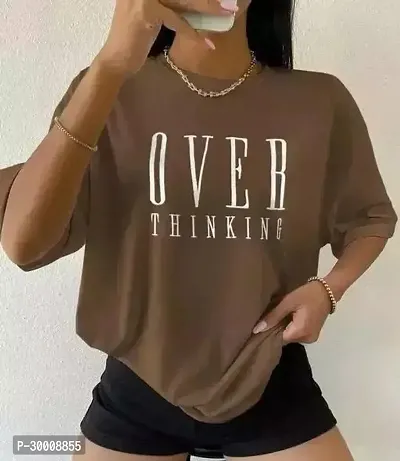 Stylish Brown Cotton Blend Printed Tshirt For Women-thumb0