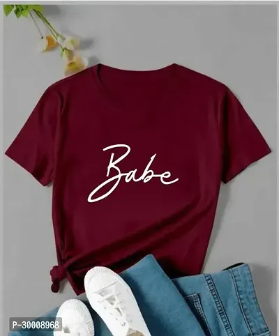 Stylish Maroon Cotton Blend Printed Tshirt For Women