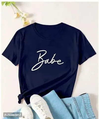 Stylish Navy Blue Cotton Blend Printed Tshirt For Women