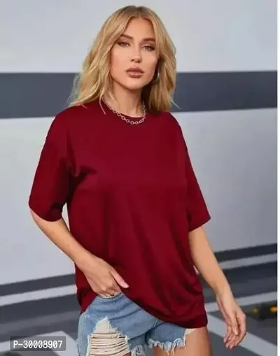 Stylish Maroon Cotton Blend Solid Tshirt For Women-thumb0