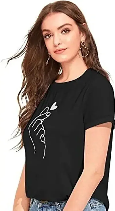 Tusi Round Neck Cotton Printed Women T Shirts Black