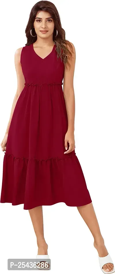 Stylish Maroon Polyester Solid A-Line Dress For Women