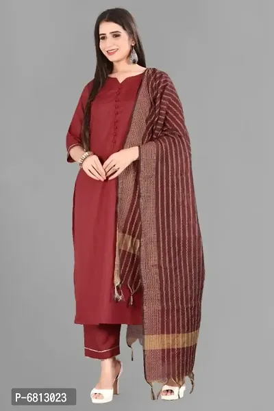 Elegant Cotton Blend Kurta With Bottom And Dupatta Set For Women-thumb0