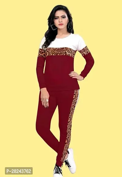 Stylish Maroon Cotton Blend Long Sleeves Tracksuit For Women-thumb0