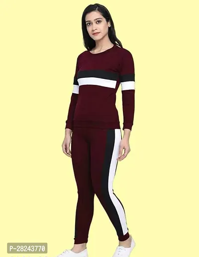 Stylish Maroon Cotton Blend Long Sleeves Tracksuit For Women-thumb2