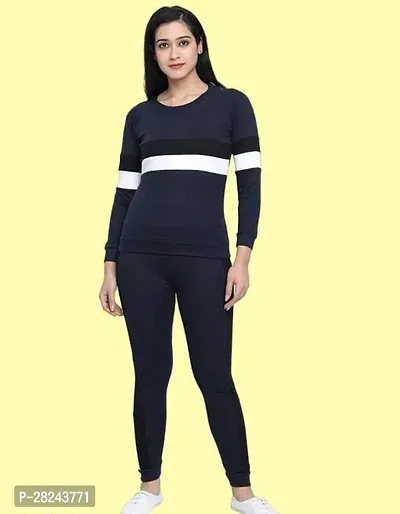 Stylish Navy Blue Cotton Blend Long Sleeves Tracksuit For Women-thumb0