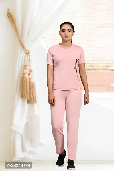 Stylish Pink Cotton Blend Short Sleeves Tracksuit For Women-thumb0