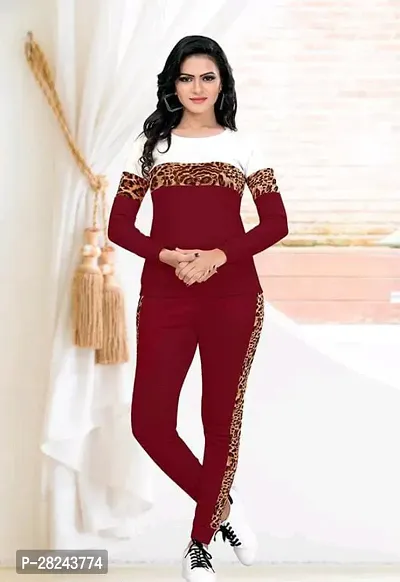 Stylish Maroon Cotton Blend Long Sleeves Tracksuit For Women-thumb0