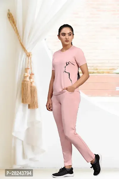 Stylish Pink Cotton Blend Short Sleeves Tracksuit For Women-thumb2