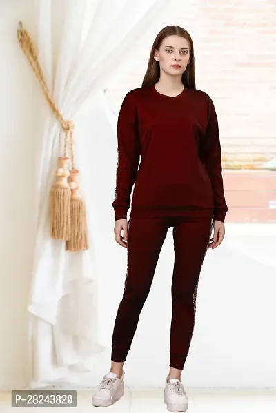 Stylish Maroon Cotton Blend Long Sleeves Tracksuit For Women-thumb0