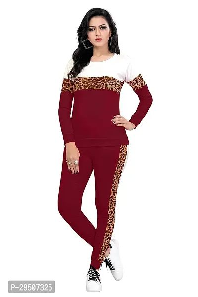 Stylish Maroon Cotton Blend Printed Tracksuit For Women-thumb0