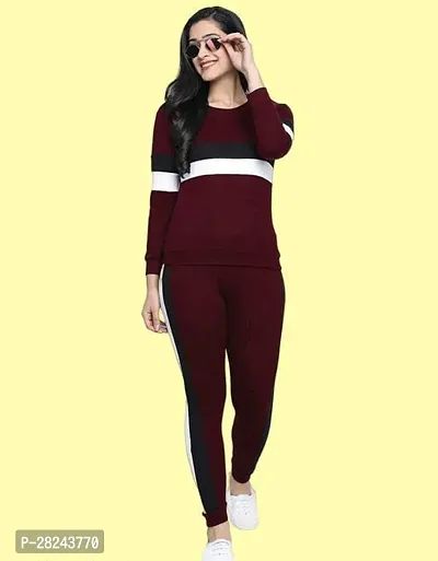 Stylish Maroon Cotton Blend Long Sleeves Tracksuit For Women-thumb0