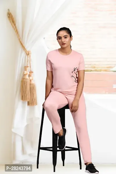 Stylish Pink Cotton Blend Short Sleeves Tracksuit For Women-thumb5