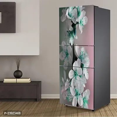 Psychedelic Collection Decorative Beautiful Sakura Tree Sea Green Flower with Green Leaves Fridge Double Single Door Decorative Sticker (PVC Vinyl, Multicolor, 60 cm X 160 cm) FD604_New-thumb4