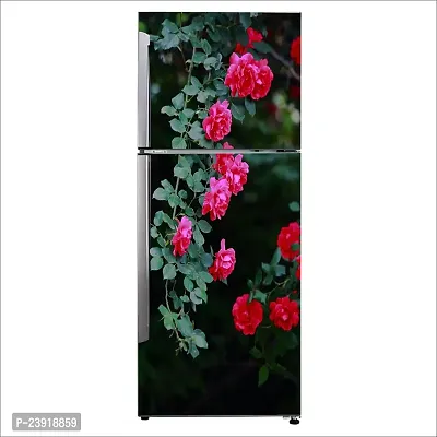 Psychedelic Collection Decorative Beautiful red Rose with Green Leaf Fridge Sticker Double Single Door Decorative Fridge Sticker (PVC Vinyl, Multicolor, 60 cm X 160 cm)