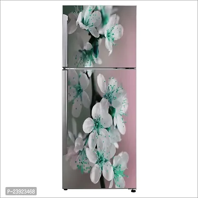 Psychedelic Collection Decorative Beautiful Sakura Tree Sea Green Flower with Green Leaves Fridge Double Single Door Decorative Sticker (PVC Vinyl, Multicolor, 60 cm X 160 cm) FD604_New-thumb0