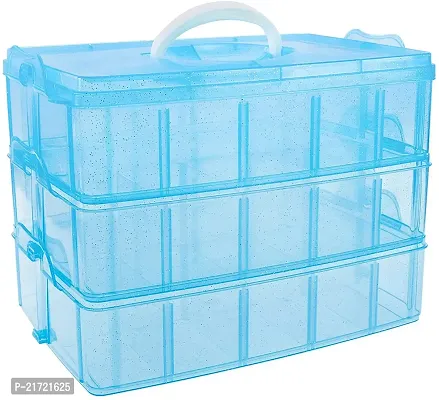 MAAUVTOR 3 Layer-30 Grid Transparent Plastic Organizer Jewelry Craft Accessories Storage Box/Basket/Container with Removable and Collapsible Dividers (Blue)