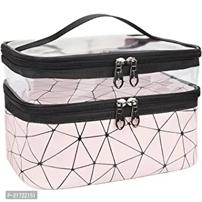 MAAUVTOR Double Layer Cosmetic Bag Organizer Makeup Pouch for Women Travel Cosmetics Case Toiletry Bags for Girls (Pink)