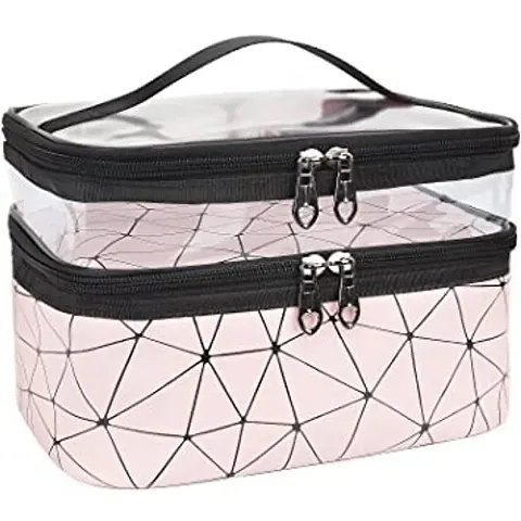 MAAUVTOR Makeup Bags Double Layer Travel Cosmetic Cases Make up Organizer Toiletry Bags Cosmetic Makeup Bag for Women Travel Storage Toiletry Pouch with Elastic Band and 2 Zipper